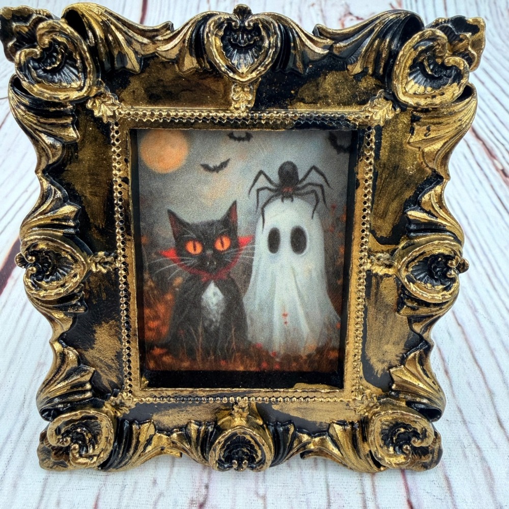 Handmade Halloween Black Cat Ghost Art Print Ornate Gold Resin Frame 4x3.5